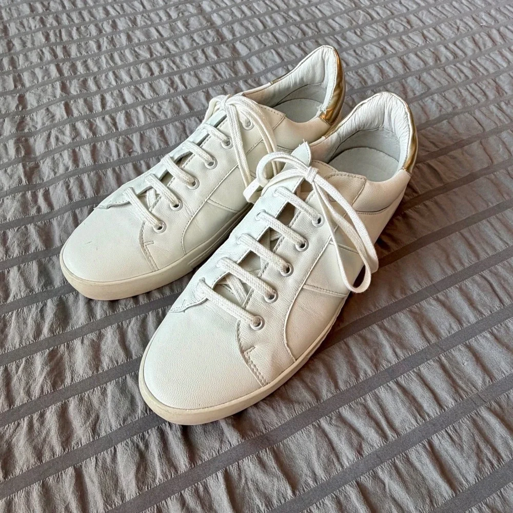 Joie‎ White Leather Low Top Sneakers Gold Heel Tab Lace Up Trainers Womens 40